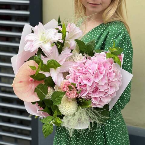 Bouquet «Pink macaroons», Flowers: Hydrangea, Anthurium, Lilium, Pion-shaped rose, Dahlia