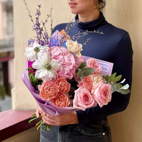 Pink bouquet with hydrangea and peony roses «Luxurious Valentine», Flowers: Hydrangea, Pion-shaped rose, Genista, Anemone, Peony Spray Rose, Dianthus, Eucalyptus
