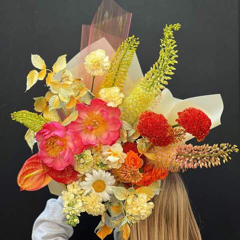 Bouquet «Honey Sun», Flowers: Paeonia, Bush Rose, Anthurium, Celosia, Dianthus, Matthiola, Tanacetum