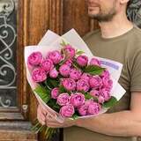 Photo of 11 branches of Misty Bubbles spray peony roses in a bouquet «Forest Raspberry»