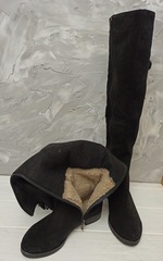 Замшеві чоботи зимові жіночі. Чорні ботфорти на низькому ходу Kluchini-Suede Leather Black.