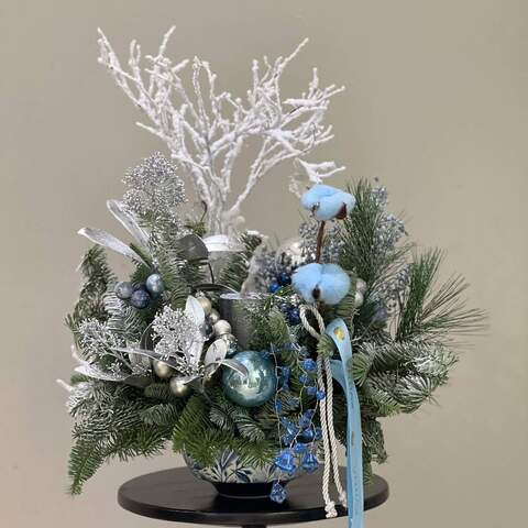 Christmas composition «Crystal forest», Flowers: Skimmia, Nobilis, Asparagus, Pinus, Decor