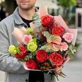 Photo of Unusual bouquet with anthuriums and peony roses «Bright Iryna»