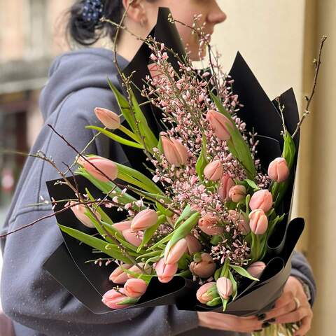 Salmon-colored tulips in a bouquet «Spring Love», Flowers: Tulipa, Genista, Twigs