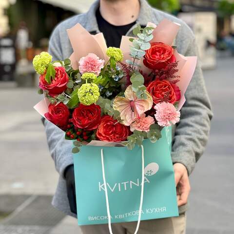 Photo of Unusual bouquet with anthuriums and peony roses «Bright Iryna»
