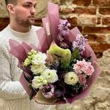 Photo of Interesting mixed bouquet with tropical anthuriums «Amethyst fog»