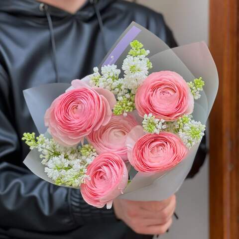 Soft pink bouquet of mesmerizing ranunculi and delicate lilac «Hello, my love!», Flowers: Ranunculus, Syringa