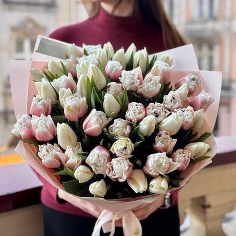 Photo of Mix of Sambuca peony tulips and white classic tulips in a bouquet «Strawberry Vibe»