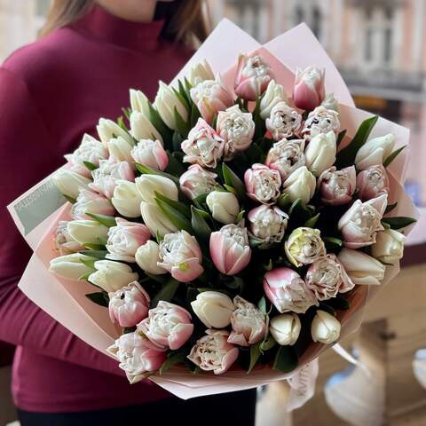 Photo of Mix of Sambuca peony tulips and white classic tulips in a bouquet «Strawberry Vibe»