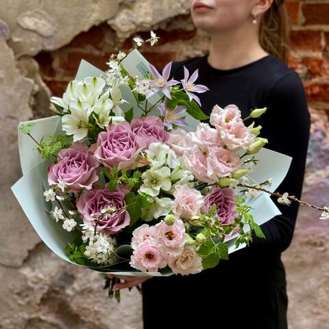 Delicate bouquet with eustomas and roses «Lilac dream», Flowers: Rose, Clematis, Eustoma, Alstroemeria