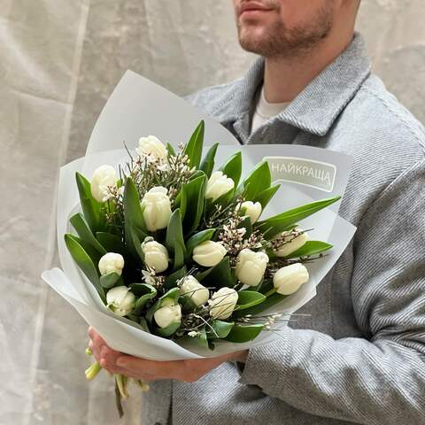 Photo of Bouquet of 15 tulips and genista «Tulip greetings»