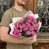 Photo of 11 branches of Misty Bubbles spray peony roses in a bouquet «Forest Raspberry»