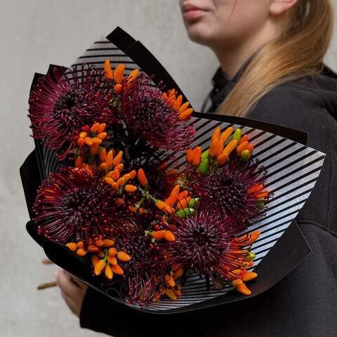 Unusual bouquet with leucospermum «Incendiary Night», Flowers: Leucospermum, Decorative peppers