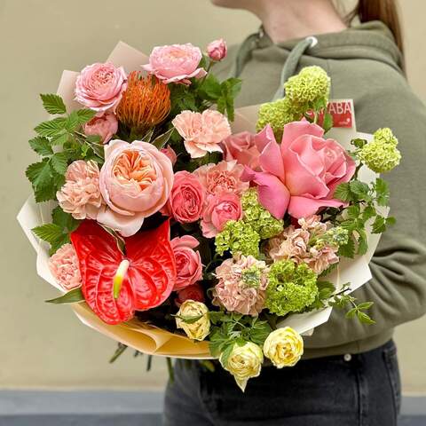Bouquet «Orange garden», Flowers: Pion-shaped rose, Anthurium, Matthiola, Viburnum, Leucospermum, Dianthus, Tulipa, Bush Rose