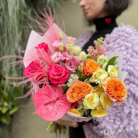 Bouquet «Colorful Sun», Flowers: Stipa, Eustoma, Matthiola, Alstroemeria, Anthurium, Rose, Bush Rose