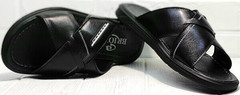 Летние сандалии шлепанцы кожаные мужские Brionis 155LB-7286 Leather Black.