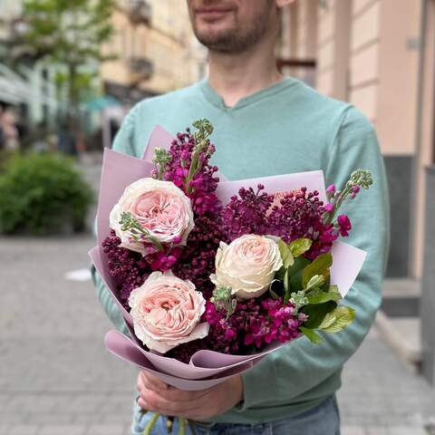Bouquet in pink shades with premium peony roses «Fragrant compliment», Flowers: Matthiola, Pion-shaped rose, Syringa