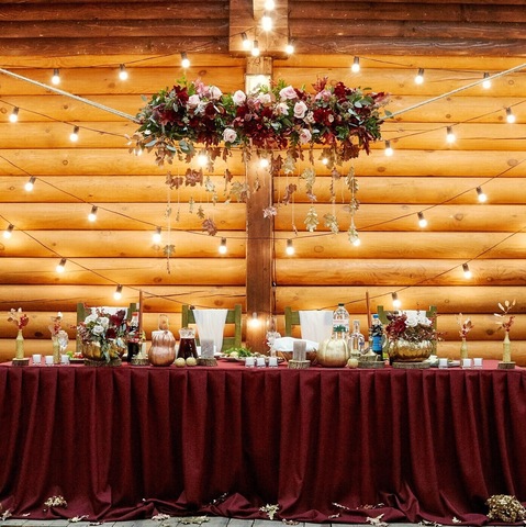 Photo of Beautiful autumn wedding in rich wine shades, rich in texture and interspersed with opaque gold