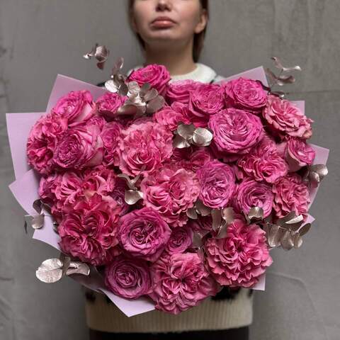 Photo of Bright bouquet of 33 peony roses with eucalyptus «Raspberry Delight»