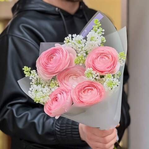 Photo of Soft pink bouquet of mesmerizing ranunculi and delicate lilac «Hello, my love!»