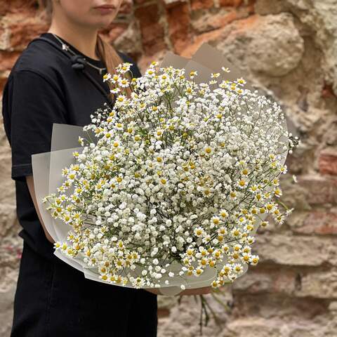 Fluffy bouquet of tanacetum and gypsophila «Stormy Field», Flowers: Gypsophila, Tanacetum