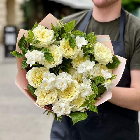 Delicate bouquet with exquisite peony roses «Lime Fraisier cake», Flowers: Rubus Idaeus, Pion-shaped rose, Freesia