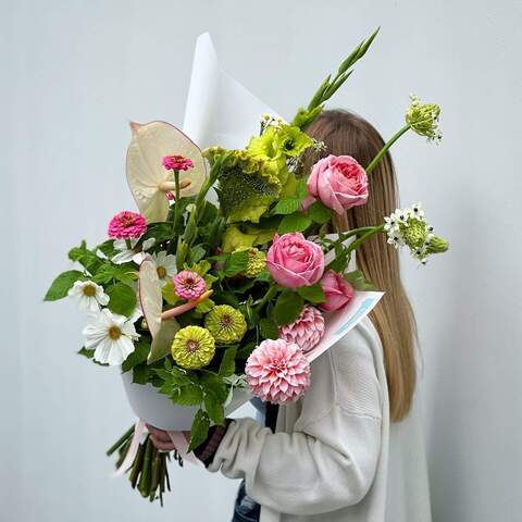 Bouquet «Valencia», Flowers: Pion-shaped rose, Ornithogalum, Anthurium, Zinnia, Gladiolus, Dahlia, Celosia, Tanacetum