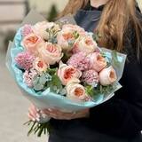 Photo of Exquisite bouquet with Juliet peony roses and hyacinths «Romantic serenade»