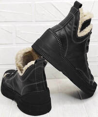 Жіночі зимові черевики кеди чорні. Шкіряні кеди черевики з хутром. Високі кеди черевики осінь зима Phany Black.
