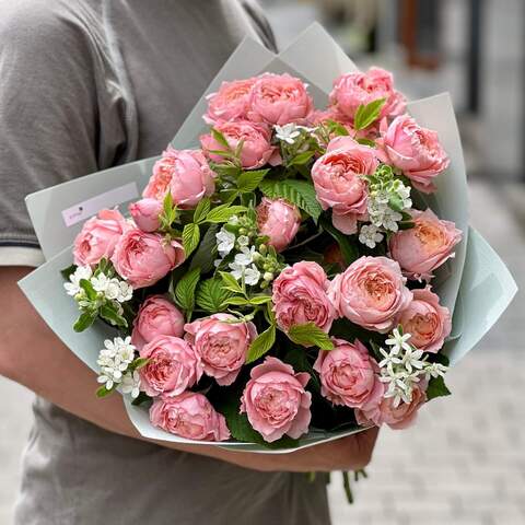 Букет «Бриллиантовые искры», Цветы: Роза пионовидная кустовая, Оксипеталум, Малина