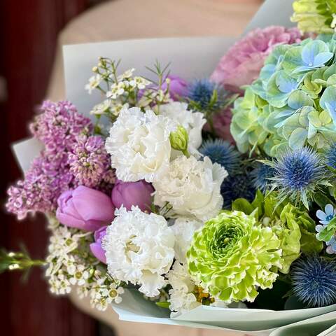 Photo of Light blue bouquet with hydrangea and ranunculus «Mountain lake»