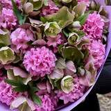 Photo of Pink and green bouquet of fragrant hyacinths and helleborus «Strawberry-Lime»