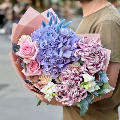 Pastel bouquet with peony roses «Exquisite Maria», Flowers: Freesia, Rubus Idaeus, Dianthus, Bush Rose, Chrysanthemum, Hydrangea, Pion-shaped rose