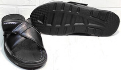 Мужские кожаные сандали шлепанцы летние Brionis 155LB-7286 Leather Black.