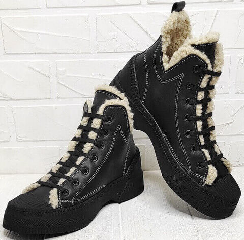 Жіночі зимові черевики кеди чорні. Шкіряні кеди черевики з хутром. Високі кеди черевики осінь зима Phany Black.