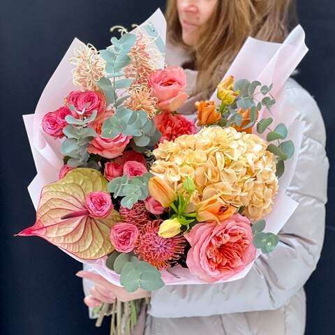Bouquet «Multicolored happiness», Flowers: Hydrangea, Grevillea, Pion-shaped rose, Eucalyptus, Anthurium, Lilium, Leucospermum