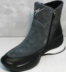 Молодежные женские ботинки сникерсы зимние Jina 7195 Leather Black-Gray