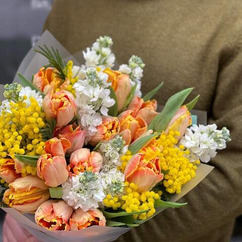 Photo of Sunny bouquet of fragrant mimosa and charming tulips «Aromatic Spring»