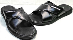 Мужские кожаные сандалии шлепки на липучке Brionis 155LB-7286 Leather Black.