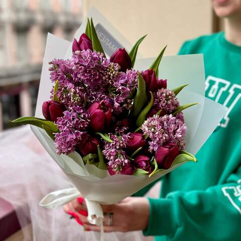 Photo of Spring bouquet of lilacs and tulips «Purple Spring»