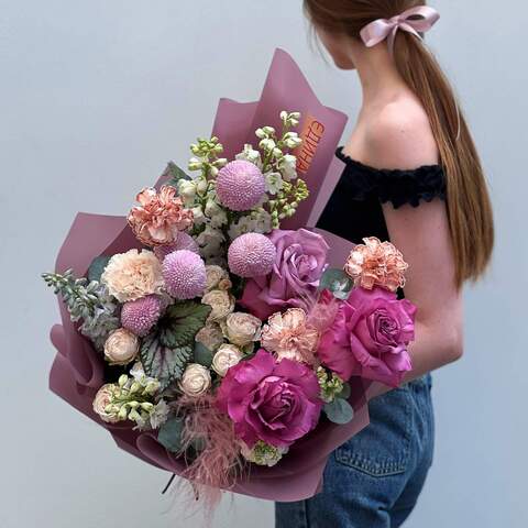 Bouquet «Velvet Touch», Flowers: Chrysanthemum, Pion-shaped rose, Dianthus, Delphinium, Matthiola, Eucalyptus, Bush Rose