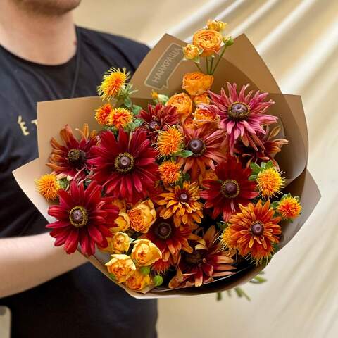 Rich bouquet with spray peony roses «August Chocolate», Flowers: Carthamus, Rudbeckia, Peony Spray Rose