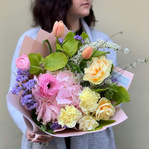 Букет «Сладкие цветы», Цветы: Гортензия, Ранунклюс, Нарцисс, Диантус, Кермек