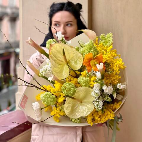 Exotic bouquet with anthuriums and calla lilies «Sunny emotions», Flowers: Anthurium, Papaver, Zantedeschia, Mimosa, Viburnum, Syringa, Campanula, Twigs

