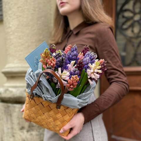Basket with hyacinths «Fragrant Spring», 25 hyacinths in a basket