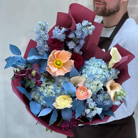 Bouquet «Call me by your name», Flowers: Hydrangea, Papaverum, Delphinium, Pion-shaped rose, Ruscus, Ranunculus, Zantedeschia, Tulipa