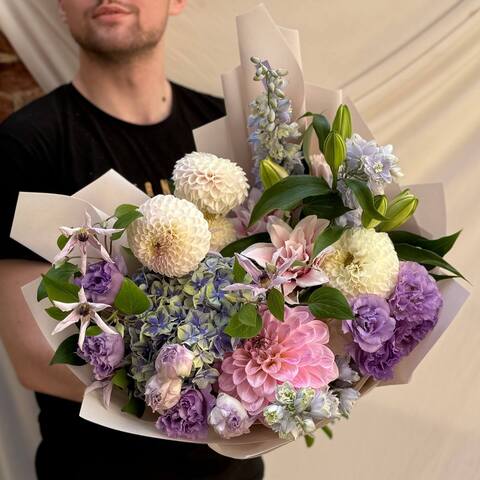 Delicate bouquet with hydrangea «My Sweetie», Flowers: Delphinium, Eustoma, Hydrangea, Clematis, Dahlia, Lilium