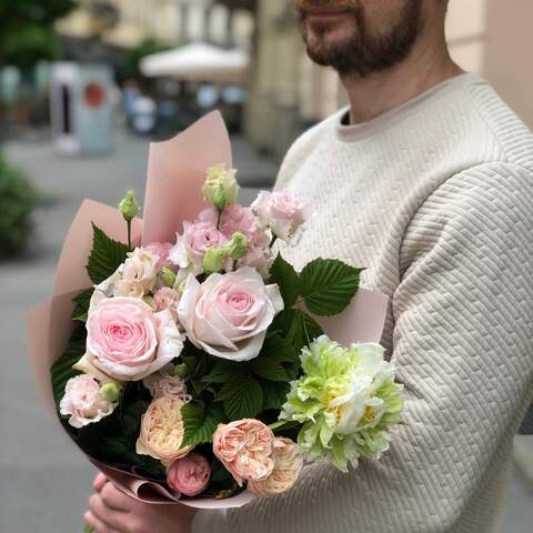 Delicate bouquet with fragrant peony roses «Fragile Olenka», Flowers: Pion-shaped rose, Rubus Idaeus, Paeonia, Eustoma, Peony Spray Rose