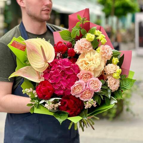 Bright bouquet with anthuriums and hydrangea «Heady Cherry», Flowers: Hydrangea, Anthurium, Paeonia, Eustoma, Rubus Idaeus, Matthiola, Peony Spray Rose, Magnolia