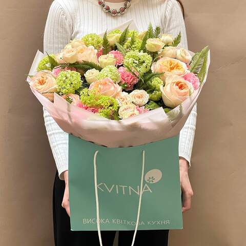 Photo of Luxurious bouquet with viburnum and peony roses «Spring Love»